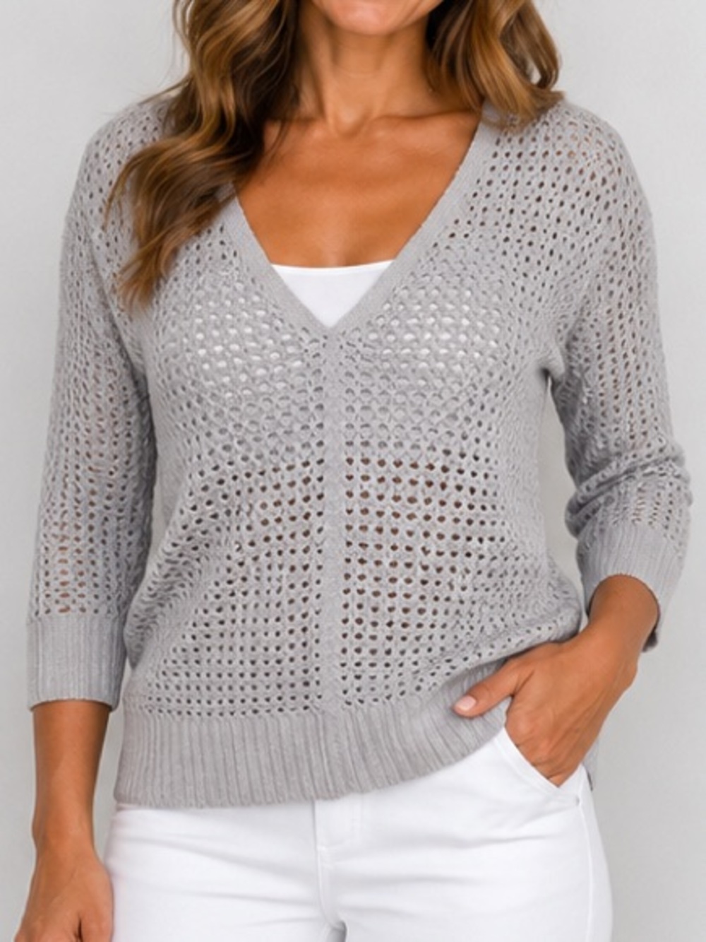 Chico’s Silver Metallic Open Knit V-Neck Sweater Size 0 (US Small)